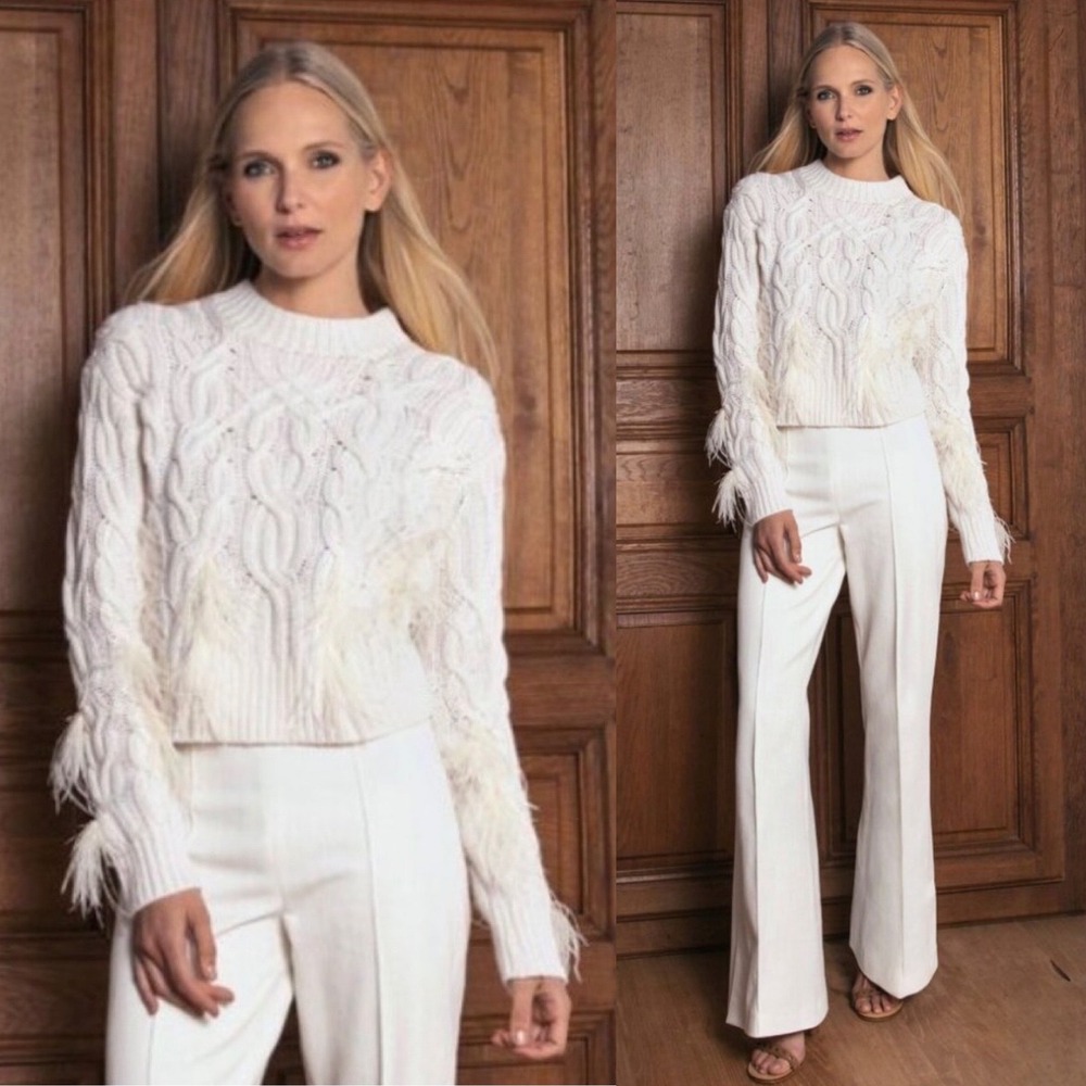 Vince Merino Cashmere Ostrich Feather Cable‎ Knit Sweater Cream  Size Large